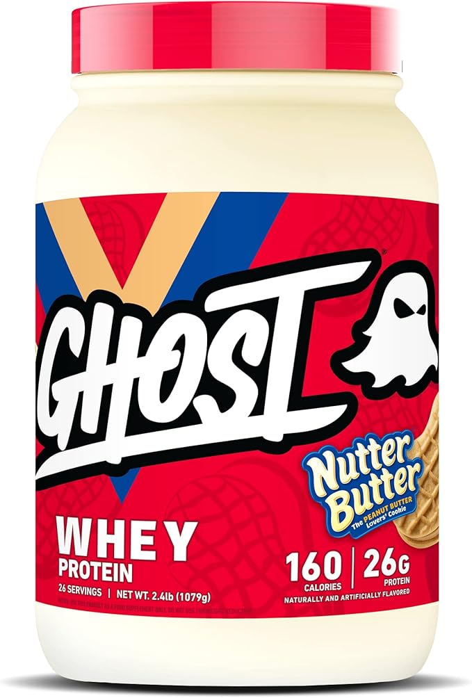 GHOST Whey Protein Powder Nutter Butter - 2LB 26G of Protein - Whey Protein Blend - ­Post Workout Fitness &amp Nutrition Shakes Smoothies Baking &amp Cooking - Cookie Pieces Inside