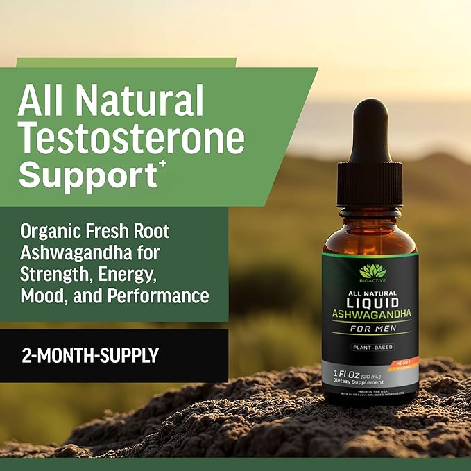 BIOACTIVE Liquid Ashwagandha Drops - Testosterone Health Supplement* - Adaptogen for Stress Support Men’s Wellness - Organic Vegetarian Gluten Free Non-GMO 59 Servings (1 Oz Honey)
