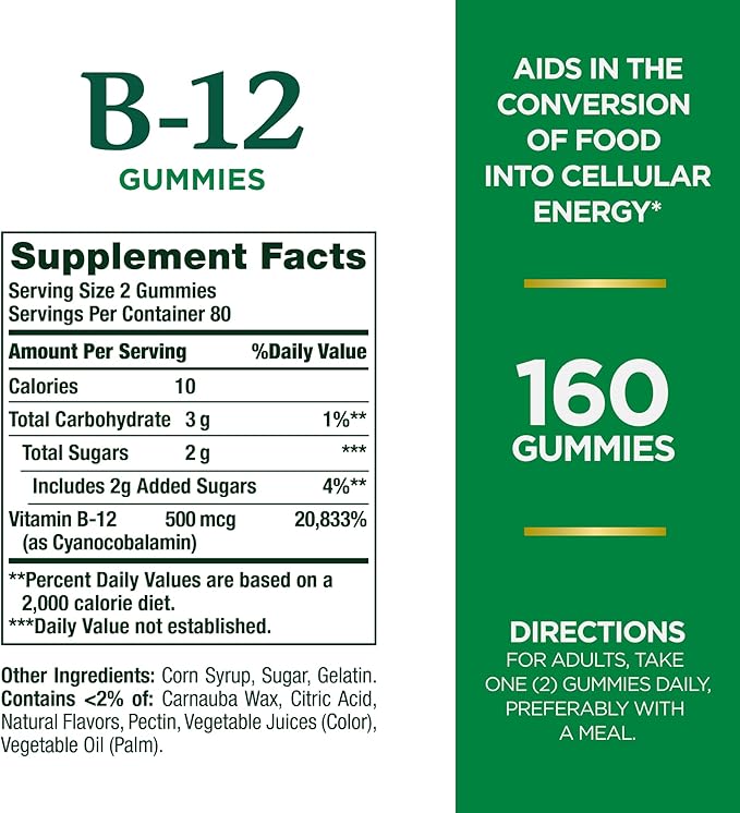 Nature's Bounty Vitamin B12 Gummies Dietary Supplement Supports Energy Metabolism and Nervous System Health Mixed Berry Flavor 500mcg 160 Count (Pack of 3)