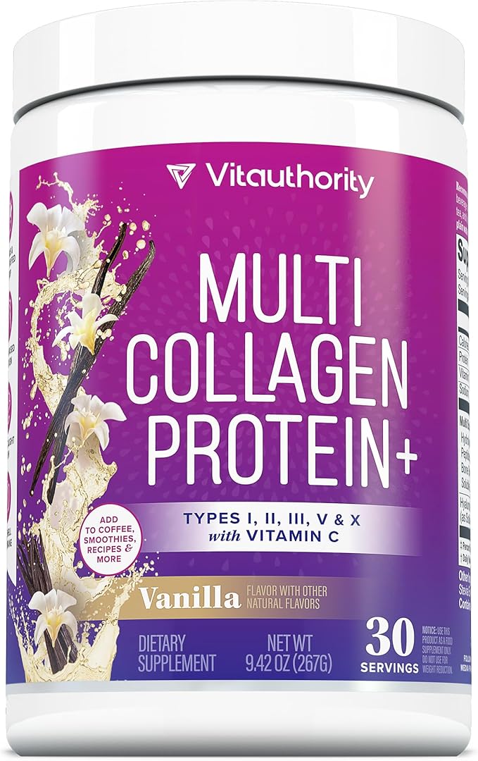 Multi Collagen Peptides Powder for Women - Hydrolyzed Collagen Powder for Women with Types I II III Plus Vitamin C &amp Hyaluronic Acid for Beautiful Hair Skin and Nails 30 Servings Vanilla Flavored