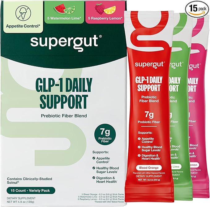 Supergut GLP1 Daily Support Variety Pack - High Fiber GLP-1 Supplement Powder for Women &amp Men - Sugar-Free Drink Mix for Gut Health &amp Digestive Support (15 Servings)