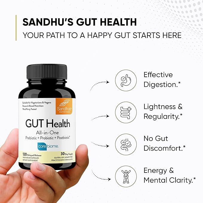 Sandhu's Gut Health - Prebiotic Probiotic Postbiotic &amp L-Glutamine | Digestive Health Colon Probiotic Total Supplements | 120 Delayed Release Capsules