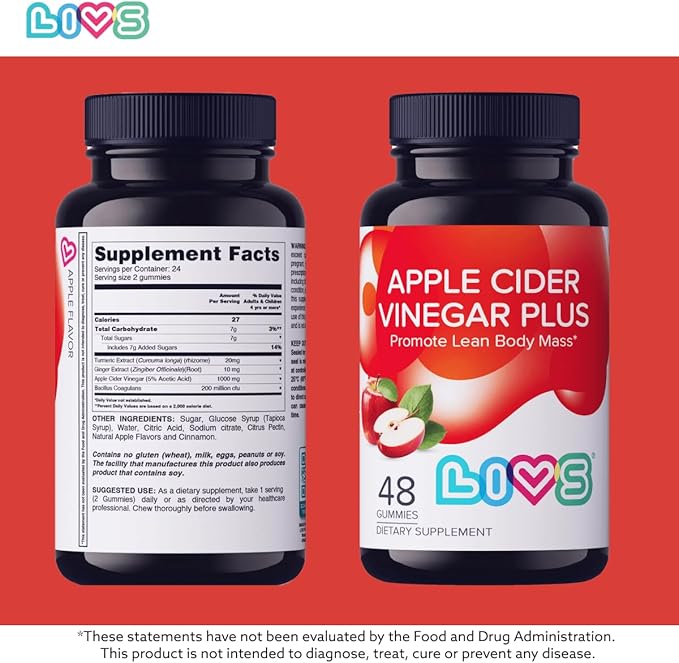 LIVS Apple Cider Vinegar Plus Gummies with Turmeric &amp Ginger | Organic ACV Gummies – Vegan Gluten-Free &amp Non-GMO – 120 Count