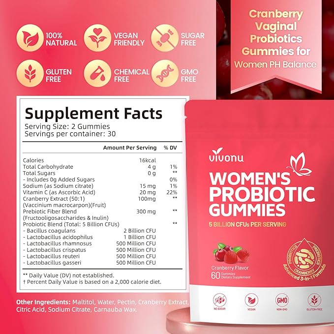VivoNu Vaginal Probiotics for Women Feminine Balance pH Gummies for Healthy Odor Yeast Balance &amp Flora + Vitamin C for Immune Support -Cranberry