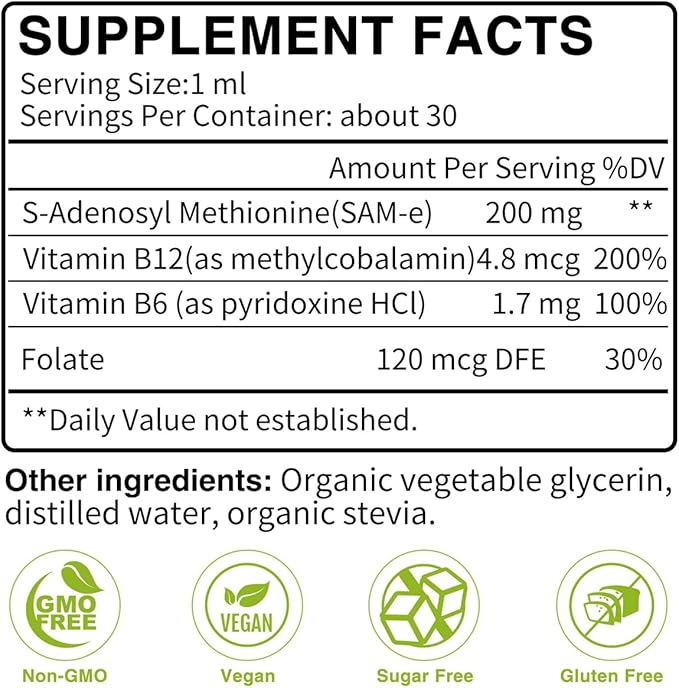 7c Sam e Liquid Supplement (S-Adenosylmethionine) Vitamin B6 B12 Added to Enhance Sam-e Effectiveness 98% Absorption Vegan Non-GMO Gluten-Free 1 Fl Oz
