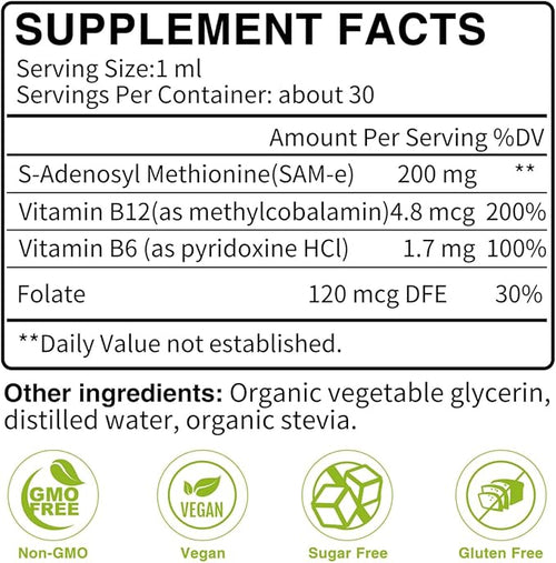 7c Sam e Liquid Supplement (S-Adenosylmethionine) Vitamin B6 B12 Added to Enhance Sam-e Effectiveness 98% Absorption Vegan Non-GMO Gluten-Free 1 Fl Oz