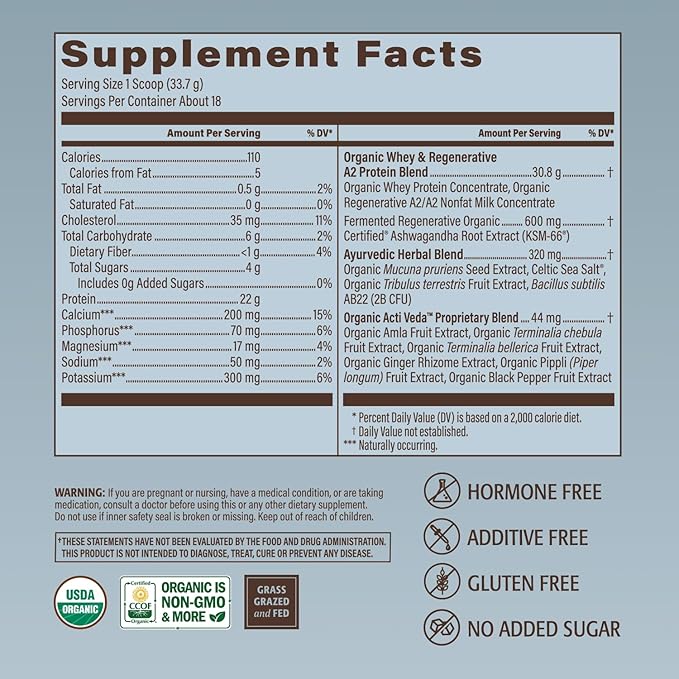 Men’s Whey Protein Powder Vanilla Grass Fed A2 Regenerative Whey with KSM-66 Ashwagandha® &amp Acti Veda™ (22g Protein)