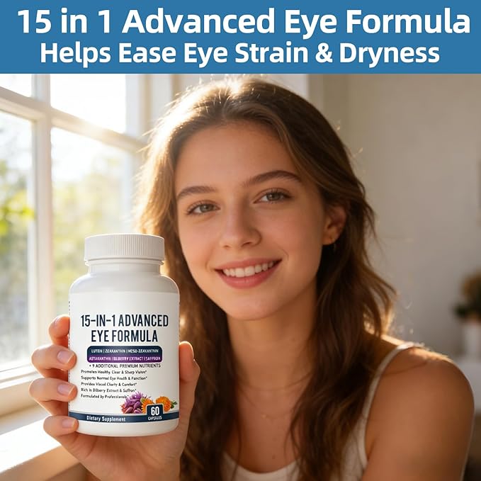 15 in 1 Advanced Eye Formula - Eye Vitamin and Mineral Supplement with Lutein Zeaxanthin Zinc &amp Bilberry Extract - Vision &amp Focus Support 60 Capsules