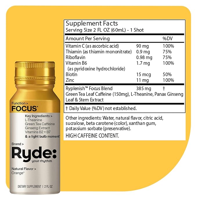 Ryde: Discovery Pack | Energize Focus &amp Relax Shots | Green Tea Caffeine Taurine Ginseng B Vitamins L-Theanine Lemon Balm Chamomile | 0 Calories 0 Sugar | Variety Pack – Try Them All (24 P