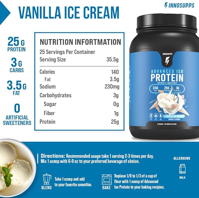 InnoSupps Advanced Iso Protein | 100% Whey Isolate Protein Powder | No Artificial Sweeteners| Low Fat Low Carbs | 25g of Protein | Hormone Free Gluten Free Soy Free | (Vanilla Ice Cream)