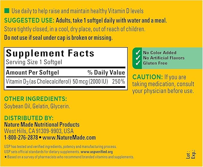 Nature Made Vitamin D3 2000 I.U. Liquid Softgels 250-Count (Pack of 2)