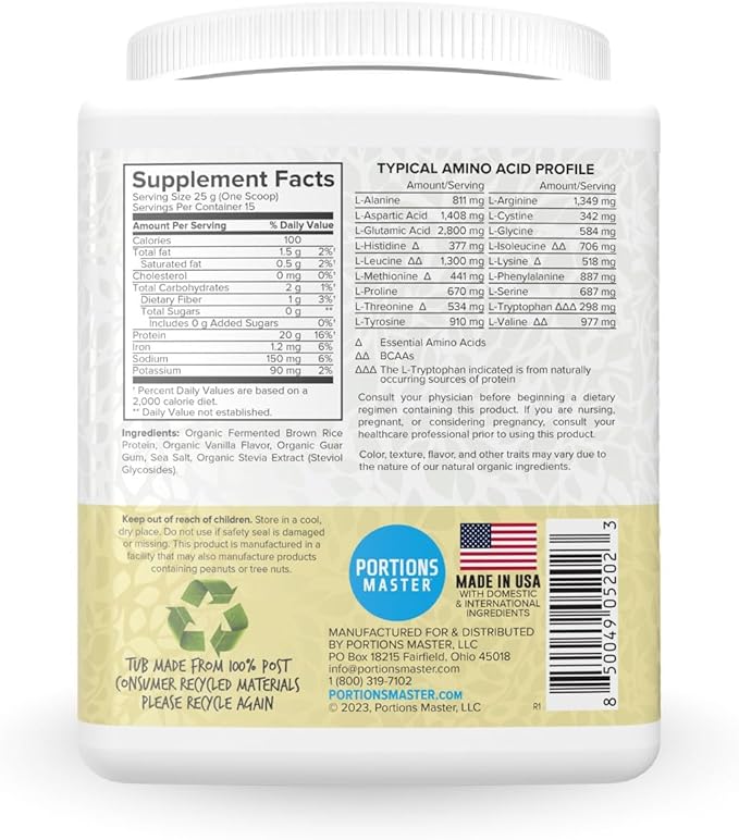 Portions Master Plant Protein Organic Plant Based Protein Powder with Fermented Brown Rice Complete Amino Acid Profile Vegan Non GMO Gluten Free (375g Vanilla)