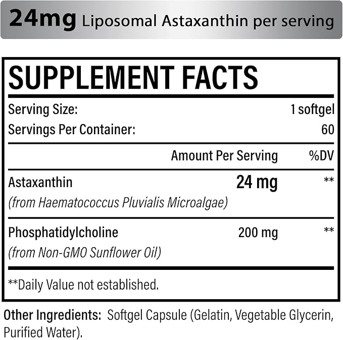 Liposomal Astaxanthin Supplement 24MG Maximum Absorption Antioxidant Stronger Than VIT C Non-GMO &amp Gluten Free - 120 Softgels(4 Months Supply)