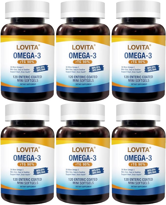 LOVITA 6-Pack Omega-3 Fish Oil Bundle - 720 Mini Softgels 2000mg rTG High Absorption Burpless Enteric-Coated (6 Month Supply)