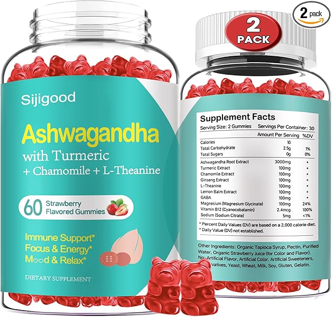 2 Pack Ashwagandha Gummies with L-theanine Ashwa Root Supplement Gummy for Women Men 120 Strawberry Flavored Gummies