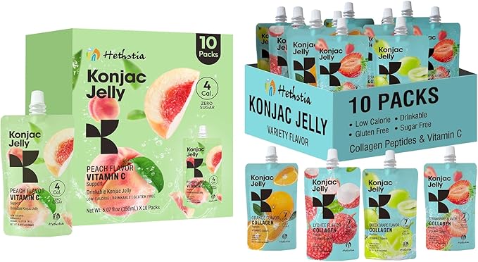 Hethstia Konjac Jelly Collagen Peptides Various Flavors and Konjac Jelly – Peach Flavor Drinkable Snack 10-Pack Squeeze Pouches