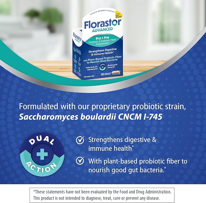 Florastor Select Pro+Pre Daily Probiotic and Prebiotic Supplement for Women and Men Boosts Good Bacteria Saccharomyces Boulardii CNCM I-745 (30 Capsules) (Pack of 2)