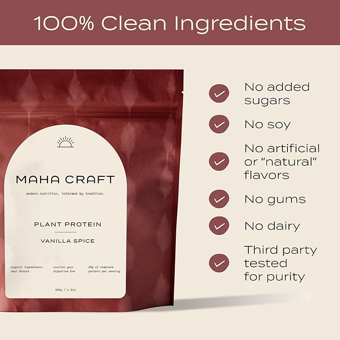 Plant-Based Protein Powder – Vanilla Spice 25g Organic Vegan Protein Prebiotic Fiber Easy to Digest No Gums Enjoy Warm