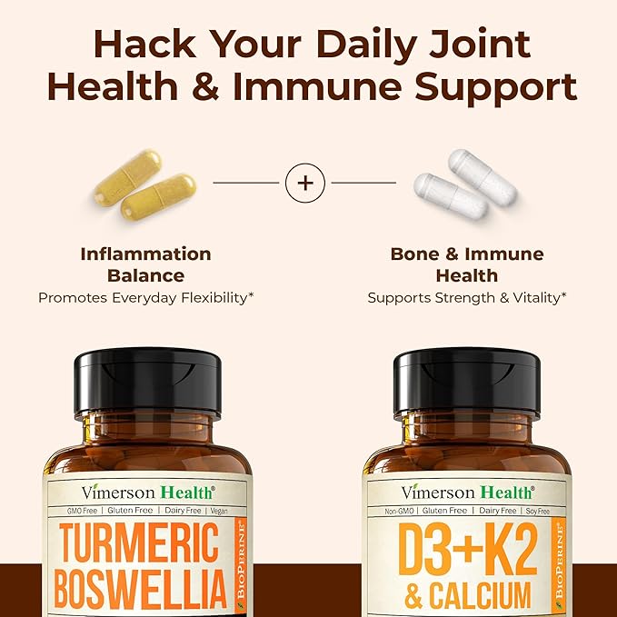 Boswellia Turmeric Curcumin Supplement + Vitamin D3 K2 5000 IU Bundle – Supports Joint Health &amp Immune Bone Heart Health – with Ginger Root Organic Turmeric Powder Vitamin D K2 Calcium