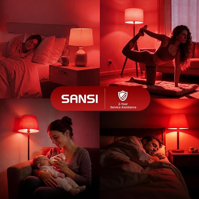 SANSI 670nm Red Light Bulb for Sleep Therapy with Remote Timer Dimmable Zero Blue Light for Melatonin Promoting Dual Mode Natural Sleep Aid &amp 3000K Reading Light 25W A21 E26 for Bedroom