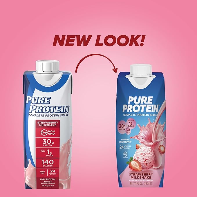 Pure Protein Protein Shake Bundle 30g Protein 11oz Bottles 12 Packs Strawberry &amp Chocolate Milkshake Flavors