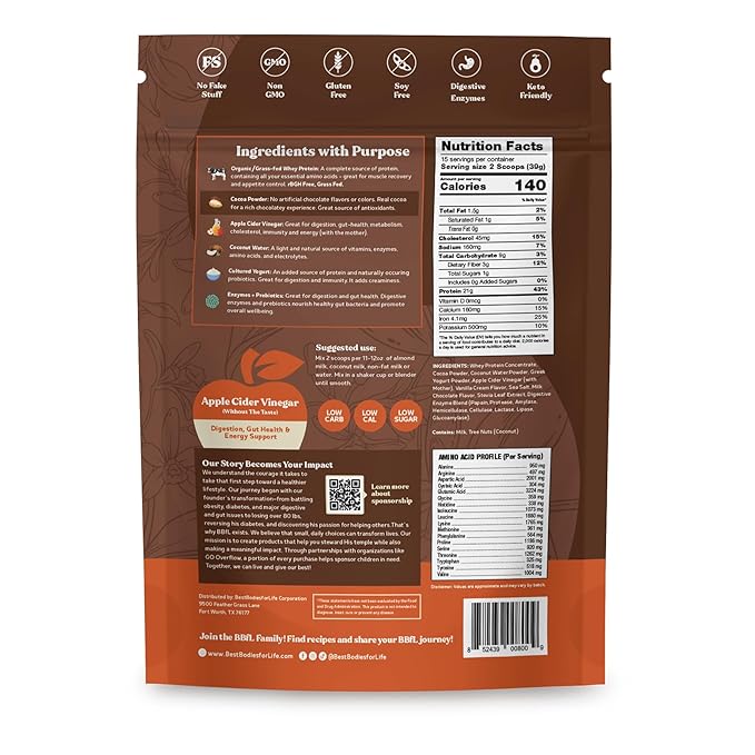 BBfL Grass-Fed Whey Protein Shake – 21g rBGH-Free Protein Cocoa + Apple Cider Vinegar Prebiotics Digestive Enzymes Supports Gut Health – All-in-One Shake for Women &amp Men (15 Servings Cocoa Cr