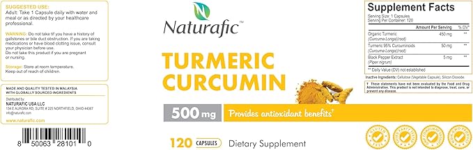 Turmeric Curcumin with Piperine Capsules - 500mg per Capsule120 Count - Supplement with Black Pepper for Enhanced Absorption Non-GMO Gluten-Free