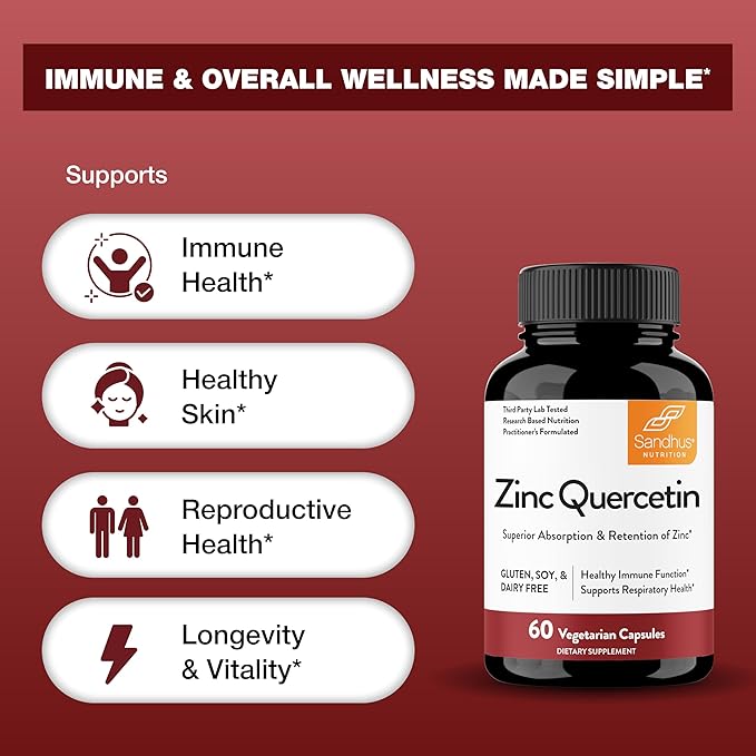 Sandhu's Zinc Quercetin 60 Vegetarian Capsules (Pack of 1) | High Absorption Zink Supplements for Immunity and Seasonal Allergy | Antioxidant Immune Support for Men and Women | Easy to Swallow