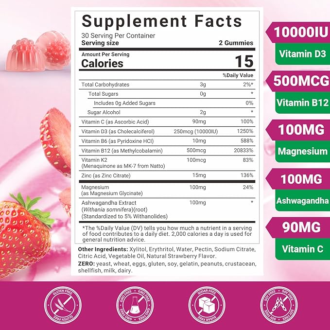 Vitamin D3 B12 Gummies D3 B12 Vitamin for Adults Vitamin D Supplement with Ashwagandha Magnesium Vitamin K2 for Immune &amp Energy Support