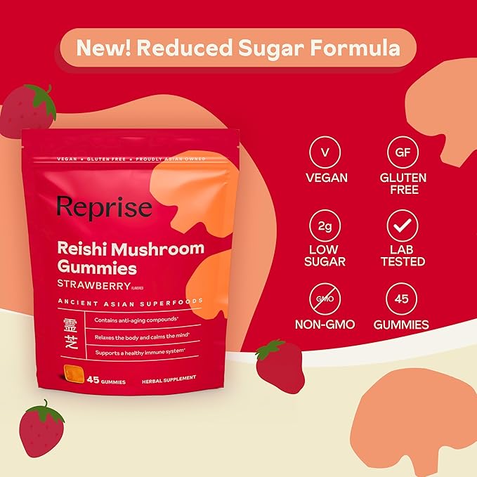 Reishi Mushroom Gummies | Hongo Reishi Mushroom Supplement Gummies (Lingzhi Ganoderma Lucidum) | Full Spectrum Stress Gummies for Adults | Red Reishi Mushroom | Strawberry Flavor | 45 Count