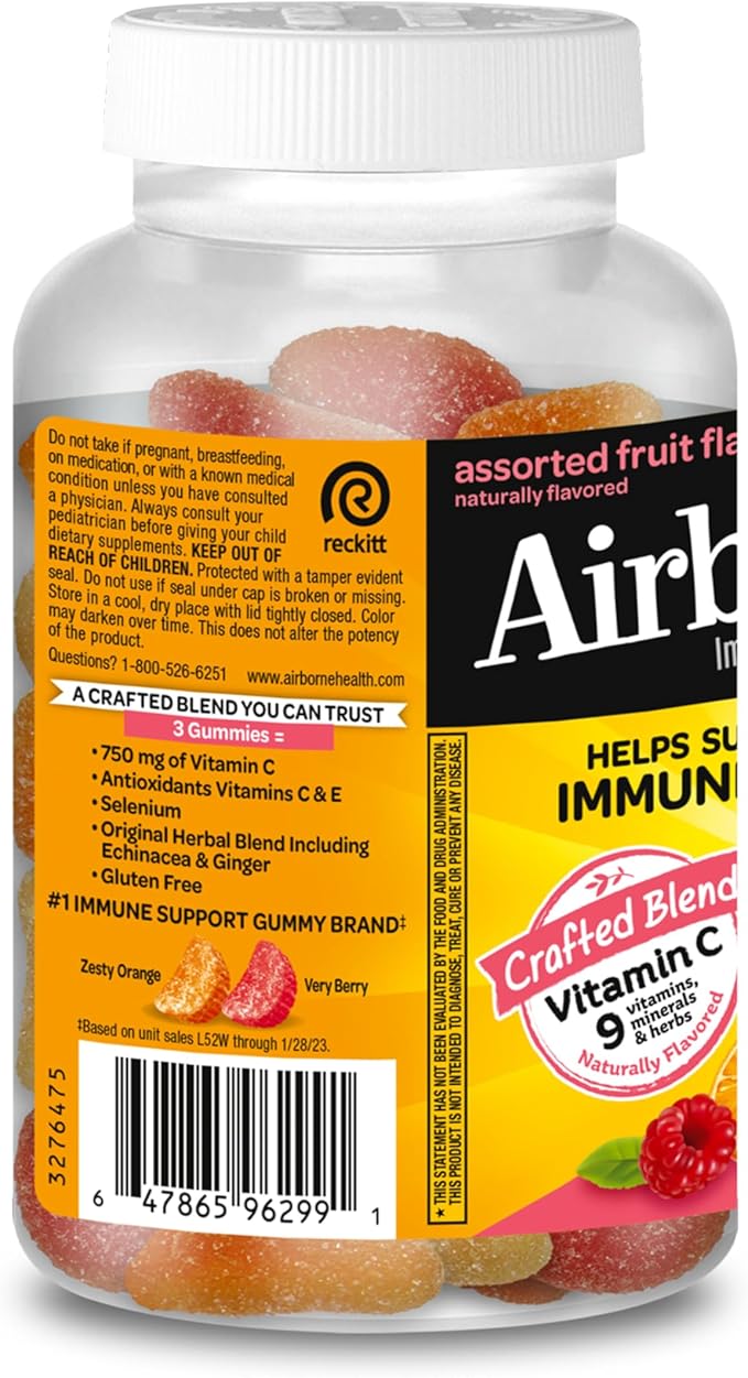 Airborne 750mg Vitamin C Gummies for Adults Immune Support Gummies with Powerful Antioxidants VIT C &amp E Caffeine Free - 2x63ct Bottle (42 Servings) Assorted Fruit Flavor