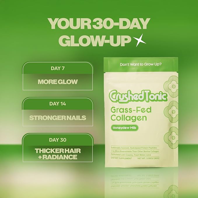 Crushed Tonic Marine Collagen Powder Korean Beauty Drink with Hydrolyzed Collagen Peptides for Skin Hair &amp Nails | Gluten-Free Halal &amp Kosher (Honeydew Milk 60 Servings (300 g) Pouch)