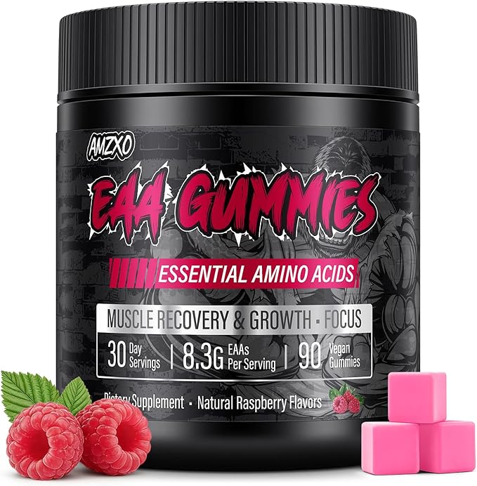 EAA Gummies - 2:1:1 BCAA Formula (8300mg) - Essential Amino Acids for Muscle Recovery &amp Endurance - Non-GMO Gluten Free Sugar Free Vegetarian Raspberry Flavor - 90 Count
