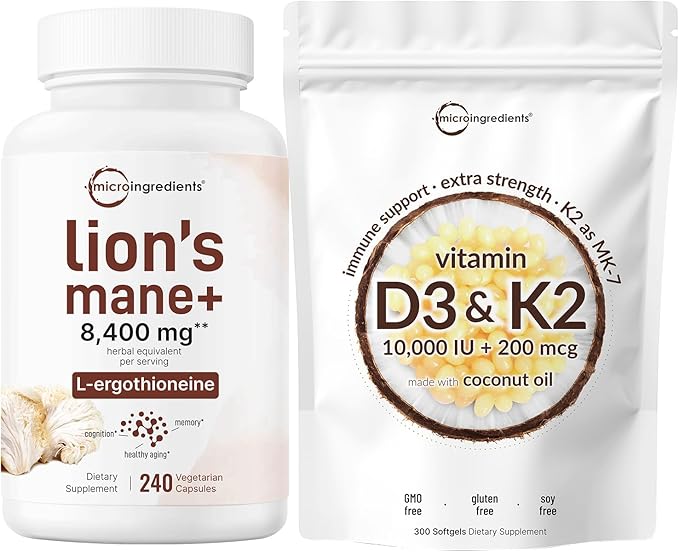 Micro Ingredients Vitamin D3 10000iu + K2 200mcg Coconut Oil Softgels &amp Lions Mane Supplement 240 Veggie Capsules Bundle 2 Pack | Essential Sunshine Vitamins | Superfood Mushroom Antioxidants wit