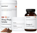 Momentous Three - Creatine Monohydrate Powder (30 Servings) Grass-Fed Whey Protein Powder (Chocolate) &amp Omega-3 Fish Oil 1600mg - Daily Essentials for Strength Performance &amp Lean Muscle Reco