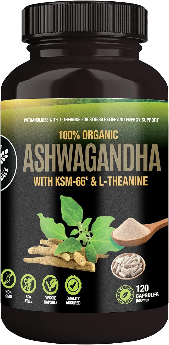Organic Ashwagandha Capsules 500 mg with KSM-66® &amp L-Theanine 120 Veggie Capsules – Non-GMO Gluten-Free Soy-Free – Withania Somnifera Herbal Supplement