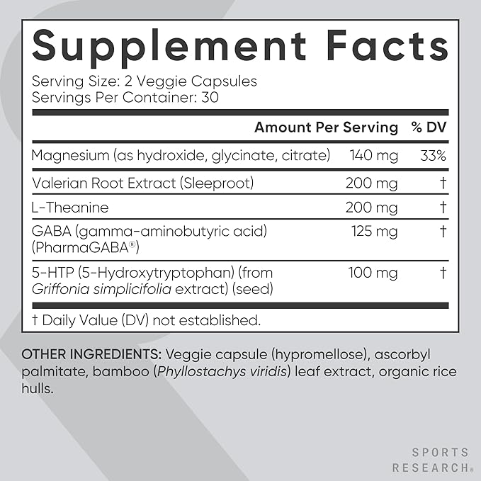 Sports Research® Sleep Complex- Melatonin-Free Vegan Capsules - with Valerian Root GABA L-Theanine Magnesium &amp 5-HTP - 30 Servings
