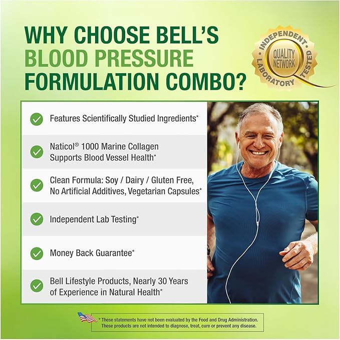 Bell Healthy Blood Pressure Support Unique Blend - Natural Blend of Green Coffee Bean Extract Garlic &amp Celery Seed Extract Supplements with Naticol 1000 Marine Collagen - 120 Capsules Vegan Non
