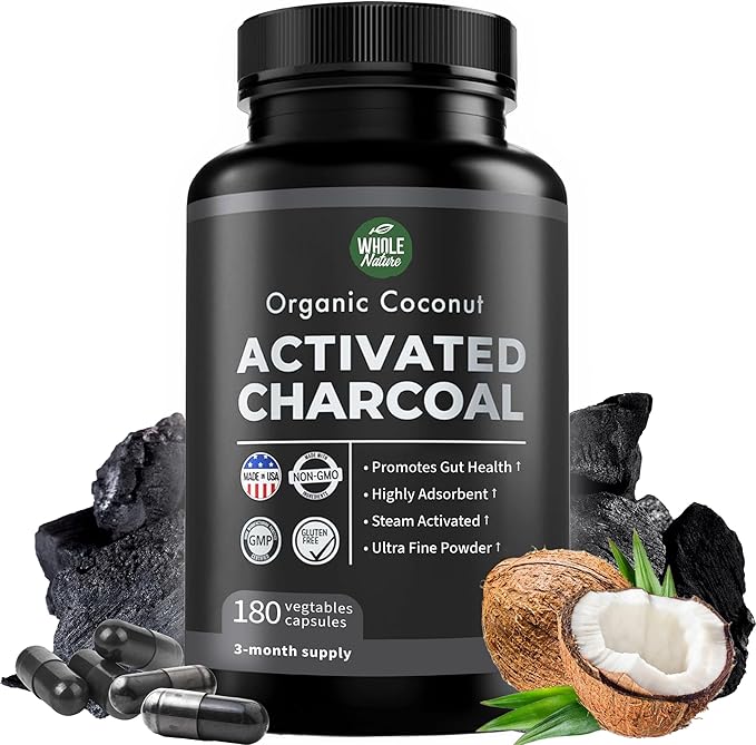 Pure Coconut Activated Charcoal Capsules - 180 Charcoal Pills Helps with Teeth Whitening Bloating and Body Cleansing. Non-GMO - Gluten Free Vegan