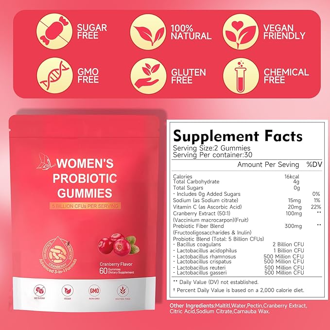 Vaginal Women Probiotic Feminine Balance pH Gummies for Healthy Odor Yeast Balance &amp Flora + Vitamin C for Immune Support -Cranberry Probiotics