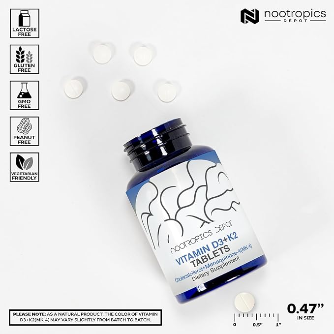 Nootropics Depot Vitamin D3 + K2 with Vitamin C Tablets | 365 Count | Cholecalciferol + Menaquinone-4 (MK-4) | Mood &amp Bone Health | Healthy Calcium Absorption