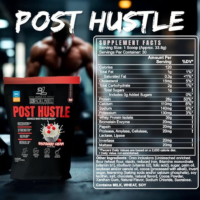 BLACKLABEL Supplements Post Hustle Post Workout Protein Powder 30 Servings – NSF Certified for Sport Whey Isolate Protein Powder with Digestive Enzymes – Raspberry Cream