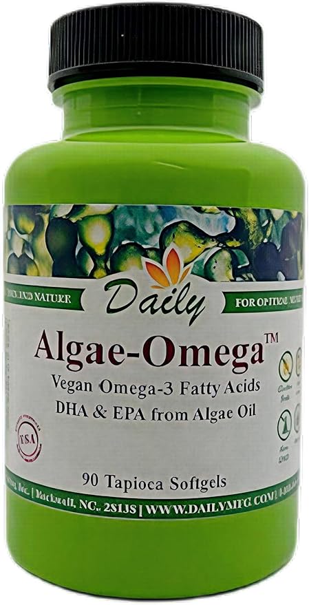 Daily Algae-Omega™ Vegan Omega 3 Supplement – 300mg Algal Oil (180mg DHA / 100mg EPA) – Plant Based Fish Oil Alternative for Brain Heart &amp Eye Health – Non-GMO Mercury Free Burpless – 90 Softge
