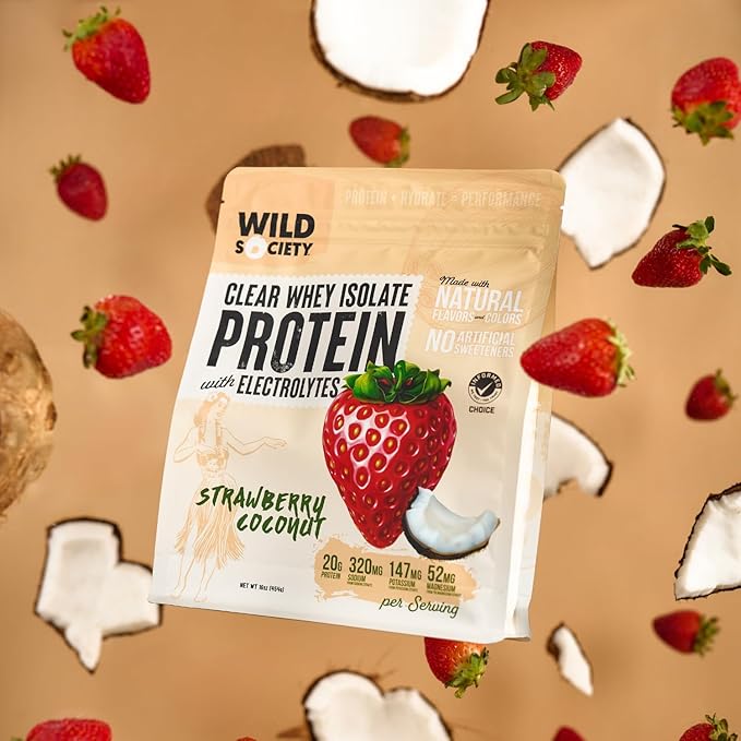 WILD SOCIETY - Clear Protein Powder + Electrolytes - 20g Clear Whey Protein Isolate Drink - Zero Sugar - 0g Lactose - Natural Flavors &amp Colors - Muscle Post Workout Recovery - Strawberry Coconut