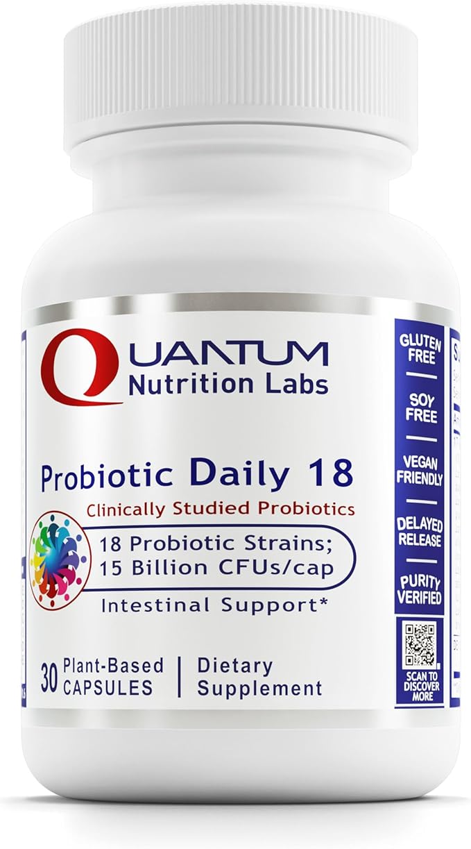 Quantum Nutrition Labs Probiotic Daily 18 - Probiotics for Digestive Health Probiotics for Women and Men with Lactobacillus Acidophilus Reuteri for Healthy Gut Microbiome - 30 Vegetarian Capsules