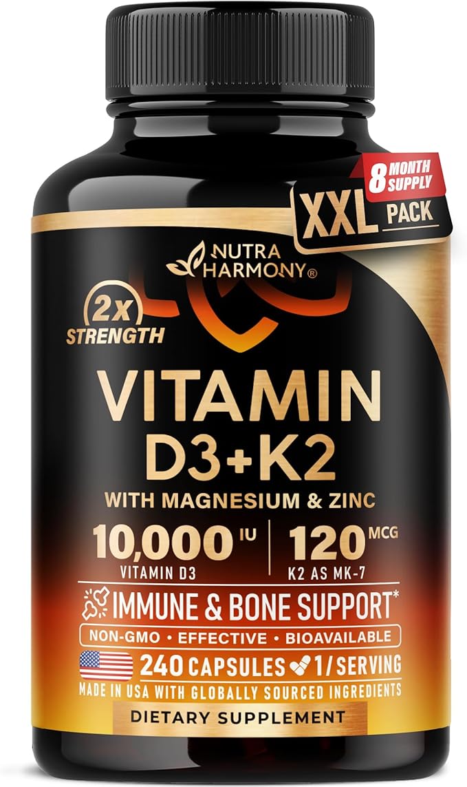 Vitamin D3 K2 - Vitamin D3 10000 iu &amp K2 as MK-7 120 mcg - Immune &amp Mood Support for Bone &amp Teeth Health - with Magnesium Zinc &amp Vitamin C &amp B12 - Highly Bioavailable - Made in U