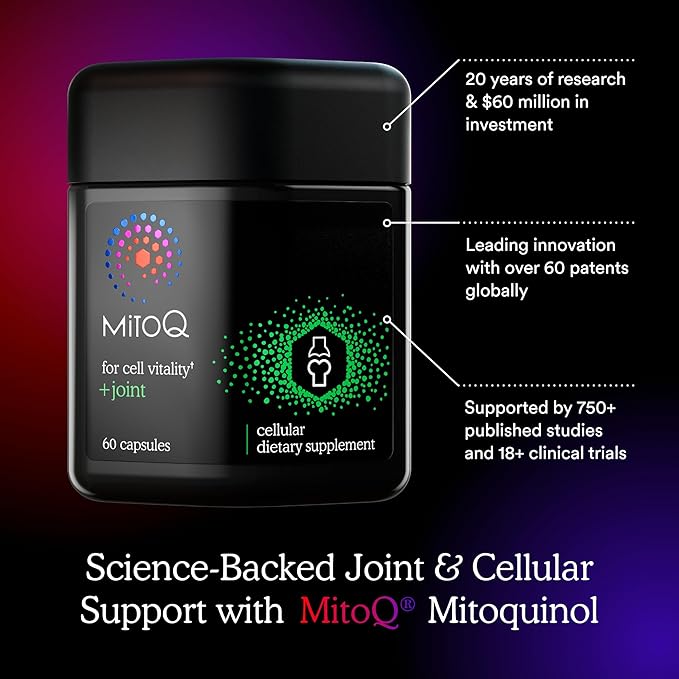 MitoQ +Joint Advanced CoQ10 Antioxidant Supplement - Contains Mitoquinol Mesylate &amp Green Lipped Mussel Omega Oil Extract - Supports Healthy Joint Mobility and Cell Vitality (60 Softgel Capsules)