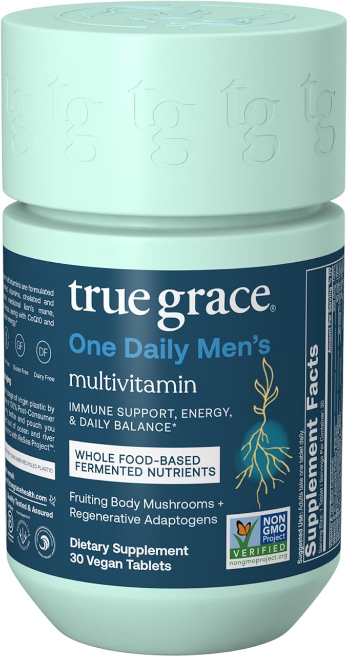True Grace One Daily Men’s Multivitamin Fermented Minerals Organic Adaptogens &amp Mushrooms Whole Body Balance Immune Endurance Bone &amp Heart Support - Non-GMO Gluten Free - 30 Vegan Tablets