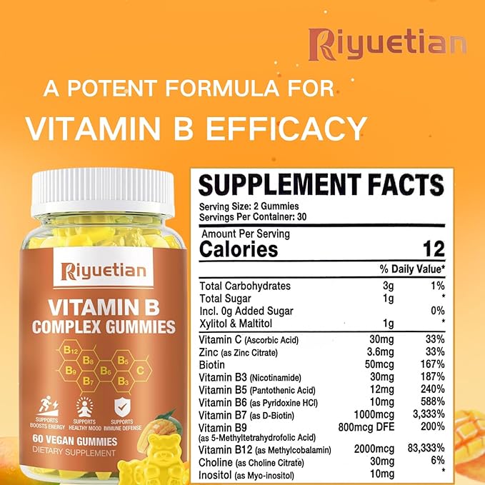 Vitamin B Complex Gummies with BiotinCholine + Inositol Vitamin C + Zinc for Supports Energy Brain Mood Immune Healthy Hair Skin - Natural Mango Flavor - Vegan Diet - 120 Vegan