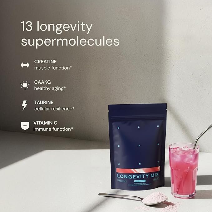 Blueprint Bryan Johnson Longevity Mix - Muscle Builder &amp Recovery Supplement - Promotes Focus and Balanced Mood - Magnesium Creatine L-Theanine Glutathione &amp Vitamin C- 30 Servings Blood O